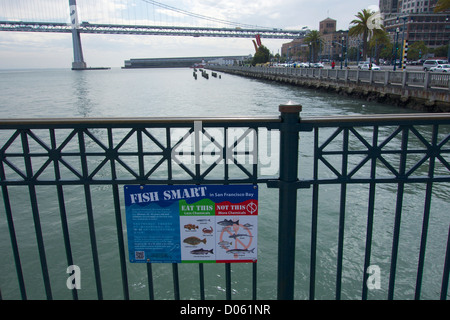 Segno di avvertimento contaminazione chimica in alcuni pesci. Pier 14 San Francisco Californis Foto Stock