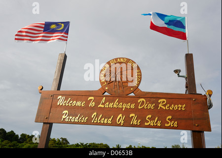 Segno di benvenuto al resort di lusso, Lankayan Island, Borneo Foto Stock