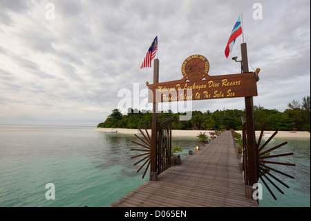 Segno di benvenuto al resort di lusso, Lankayan Island, Borneo Foto Stock