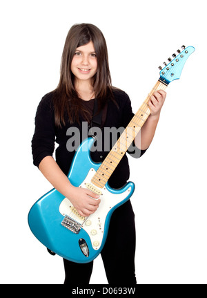 Adorabile ragazza del whit della chitarra elettrica su un su sfondo bianco Foto Stock