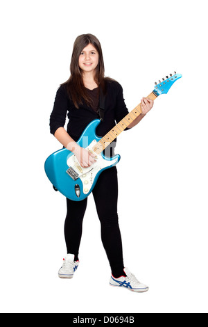 Adorabile ragazza del whit della chitarra elettrica su un su sfondo bianco Foto Stock