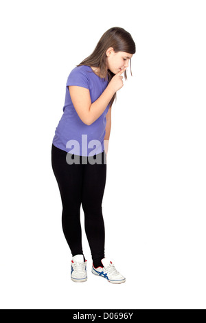 Adorabile ragazza ordinazione di silenzio isolato su sfondo bianco Foto Stock