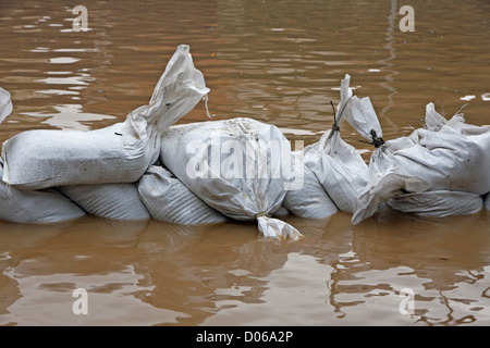 Sacchi di sabbia bianca per il diluvio di difesa e di acqua marrone Foto Stock