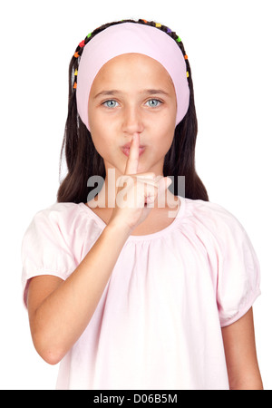 Ritratto di adorabile ragazza ordinazione di silenzio isolato su sfondo bianco Foto Stock