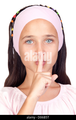 Ritratto di adorabile ragazza ordinazione di silenzio isolato su sfondo bianco Foto Stock