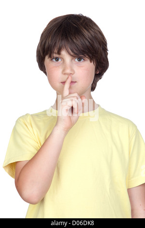 Adorabile bambino ordinazione di silenzio isolato su sfondo bianco Foto Stock