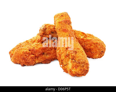 Tre pezzi di Croccante di pollo fritto con patate fritte Foto Stock