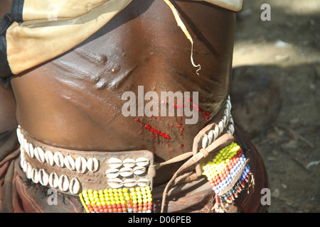 Le materie cicatrici su un Hamar donna torna dopo essere stata montata in corrispondenza di un "salto del Bull' cerimonia. Valle dell'Omo Etiopia Foto Stock