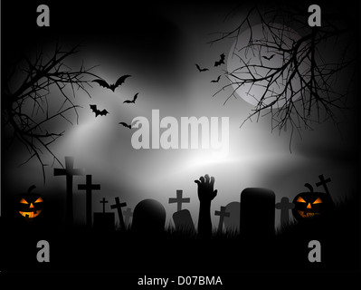 Spooky cimitero con mano zombie proveniente dal terreno Foto Stock