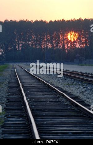 La ferrovia che termina nel cuore di camp Auschwitz Birkenau Foto Stock