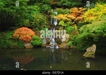 Cascata in autunno a Portland Giardino Giapponese, Portland, Oregon, Stati Uniti d'America Foto Stock