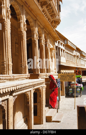 La Ji Patwon Ki Haveli o Patuwa Ki Haveli in Jaisalmer, Rajasthan, India. Foto Stock