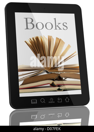 Prenota e teblet generico computer 3D modello isolato su bianco, biblioteca digitale concept Foto Stock