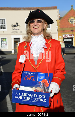 Femmina Town Crier vendita di papaveri, High Street, Shipston on Stour, Warwickshire, Inghilterra, Regno Unito Foto Stock