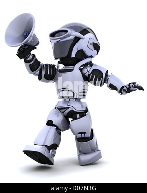 3D render di un robot gridando in bullhorn Foto Stock