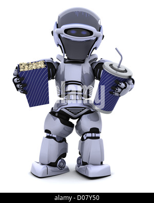 3D render di robot con pop corn benna e soda Foto Stock