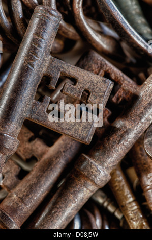 Collezione di vecchi utilizzati arrugginite e tasti lucido antique Victorian Edwardian meccanismo di rotazione blocco pergamena foxed Foto Stock