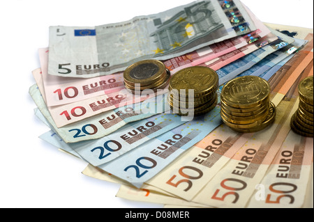 Valuta diversa di carta moneta in euro e monete Foto Stock