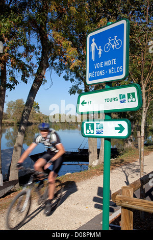 Ciclista su un pedone misti,pista ciclabile "LOIRE A VELO' itinerario in bicicletta SAVONNIERES Indre-et-Loire (37) FRANCIA Foto Stock