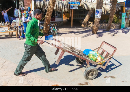 DAHAB, Egitto - 24 gennaio 2011: uomo carrello di spinta giù per la strada a gennaio 24, 2011 a Dahab, Egitto. Foto Stock