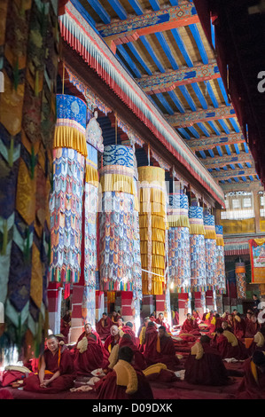 Cappello giallo scect monaci buddisti in preghiera hall del monastero di Drepung, Lhasa, in Tibet, in Cina Foto Stock