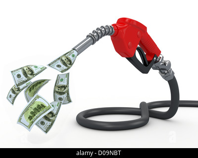 Pompa a gas ugello e dollaro su sfondo bianco. 3d Foto Stock