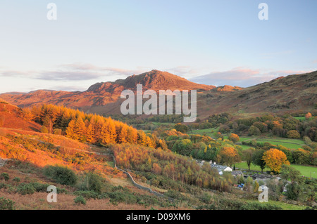 Vista di Harter cadde e Eskdale da Little Barrow, serata in autunno la luce solare, Lake District inglese Foto Stock