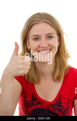 Giovane donna con il pollice in alto su sfondo bianco Foto Stock