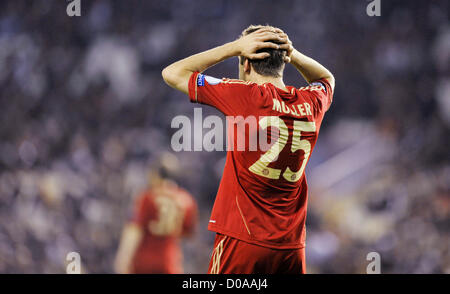 Valencia, Spagna. Xx Novembre 2012. 20.10.2012, calcio, Champions League, Gruppo Fase 5 ª giornata di Mestalla stadio, CF Valencia ( bianco) - FC Bayern Monaco di Baviera (rosso) 1:1 ----- Thomas Müller (Mueller) (FCB) frustrato Foto Stock