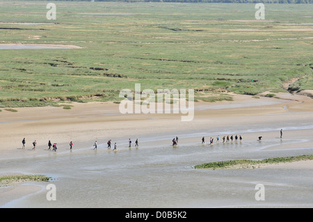 Gli escursionisti che attraversano la foce della SOMME BAY RISERVA NATURALE SAINT-Valery sur Somme BAIA DI SOMME SOMME (80) FRANCIA Foto Stock