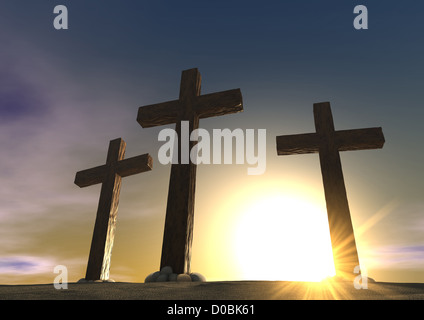 Un impressione di tre croci sul Monte Golgota che rappresenta il giorno della crocifissione di Cristo in un sunrise Foto Stock