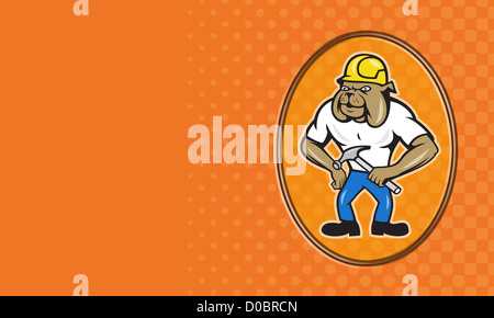 Business card ideale per falegname o builder mostra illustrazione del bulldog lavoratore edile indossando hardhat azienda martello da carpentiere fatto in stile cartoon. Foto Stock