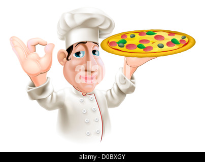 Un felice Italian pizza chef facendo un gesto okay e tenendo una gustosa pizza. Foto Stock