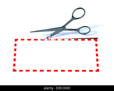 Forbici e etichetta con linee rosse tratteggiate 3d illustrazione Foto Stock