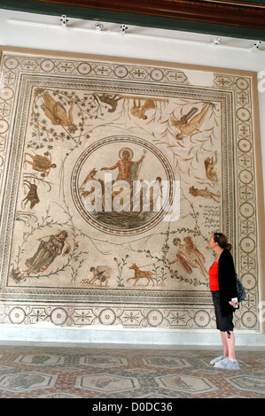 Una donna si ammira un un mosaico presso il Museo di Bardo a Tunisi, Tunisia Foto Stock