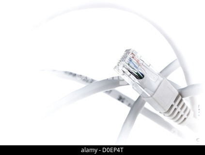 Cavo e una porta RJ45 su sfondo bianco, decorativo di frontiera della tecnologia Foto Stock