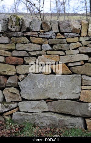 Muro di pietra costruire nel North York Moors con la pietra nome wallers Adrian scavata nella parete. Foto Stock