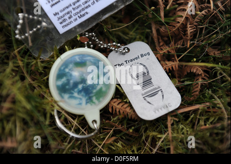 Geocache travel bug trovati nei pressi di Castleton in North York Moors National Park. Foto Stock