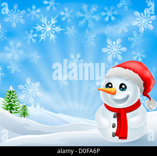 Un felice Natale pupazzo di neve nella scena innevato con fiocchi di neve Foto Stock
