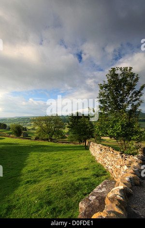 Alba su pascoli Askrigg; Askrigg village, Wensleydale; Yorkshire Dales National Park, England, Regno Unito Foto Stock