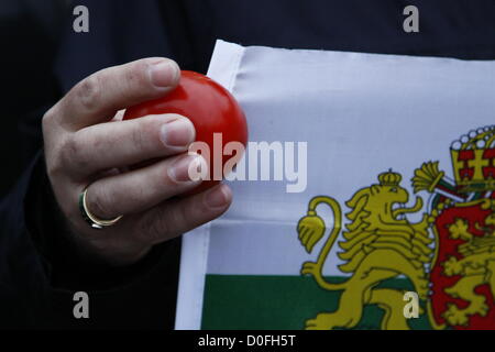 Sofia, Bulgaria; 24 Novembre, 2012. Il dimostratore tenendo una bandiera bulgara e un pomodoro. Il vegetale è rapidamente diventato il simbolo di un anti-Stabilimento di movimento in Bulgaria, parecchi chili sono state lanciate verso il parlamento durante la dimostrazione. Credito: Johann Brandstatter / Alamy Live News Foto Stock