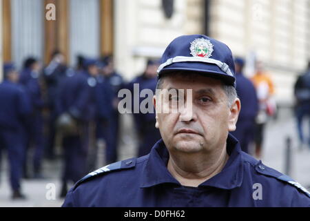 Sofia, Bulgaria; 24 Novembre, 2012. Uno dei circa 300 sicurezza riot e funzionari di polizia che hanno chiuso ogni accesso al parlamento bulgaro durante la dimostrazione. Il cordone di polizia ha fatto sì che nessuno dei pomodori gettate in corrispondenza dell'edificio effettivamente colpito. Credito: Johann Brandstatter / Alamy Live News Foto Stock