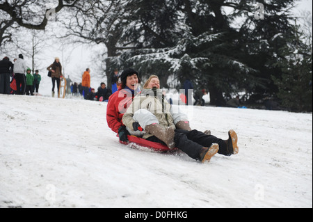 Amici in slittino Greenwich Park Londra Uk nel 2012 Foto Stock