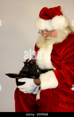 Babbo Natale cercando in un cappello da cowboy con due nero coniglietti Foto Stock