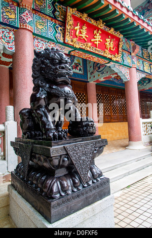 Un custode cinese lion all'ingresso di Istituto di Yuen Yuen, Tsuen Wan, Hong Kong, Cina Foto Stock