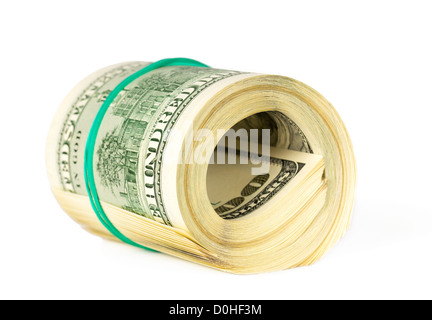 US dollari arrotolata e serrato con band isolato su sfondo bianco Foto Stock