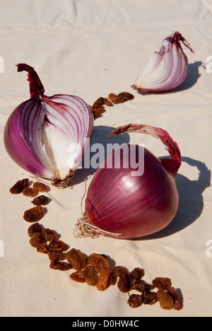 Le cipolle rosse (cipolle di Tropea) e uva passa su un tavolo bianco panno in una giornata di sole Foto Stock