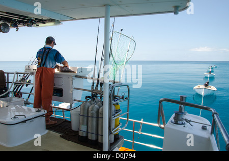 SWAINS REEF, Australia - guardando fuori il retro di una barca da pesca in una giornata di mare calmo a Swains Reef, off Gladstone, sull'estremità meridionale della Grande Barriera Corallina. Foto Stock