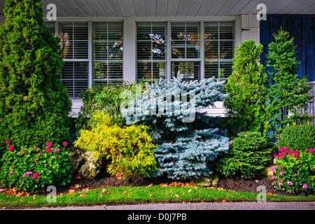 Splendido giardino con alberi e fiori nella parte anteriore del Windows a casa Foto Stock