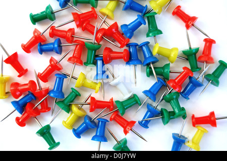 Colorate perni di spinta su sfondo bianco. Foto Stock